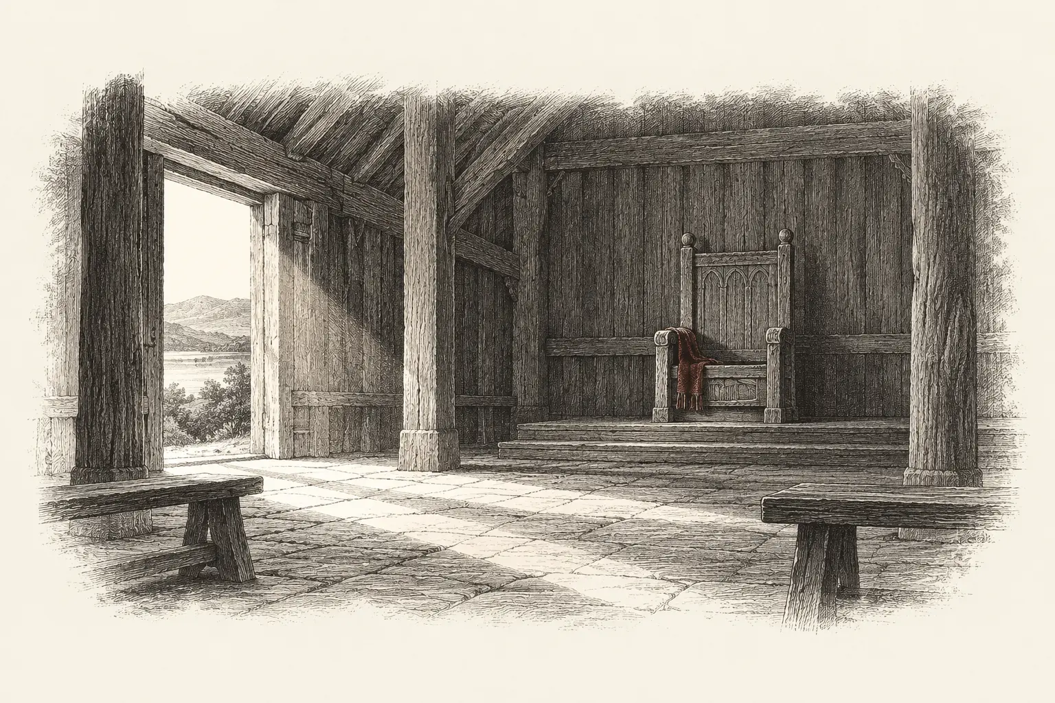 An empty carved wooden high seat in an early timber hall, with an oxblood cloth laid over one arm