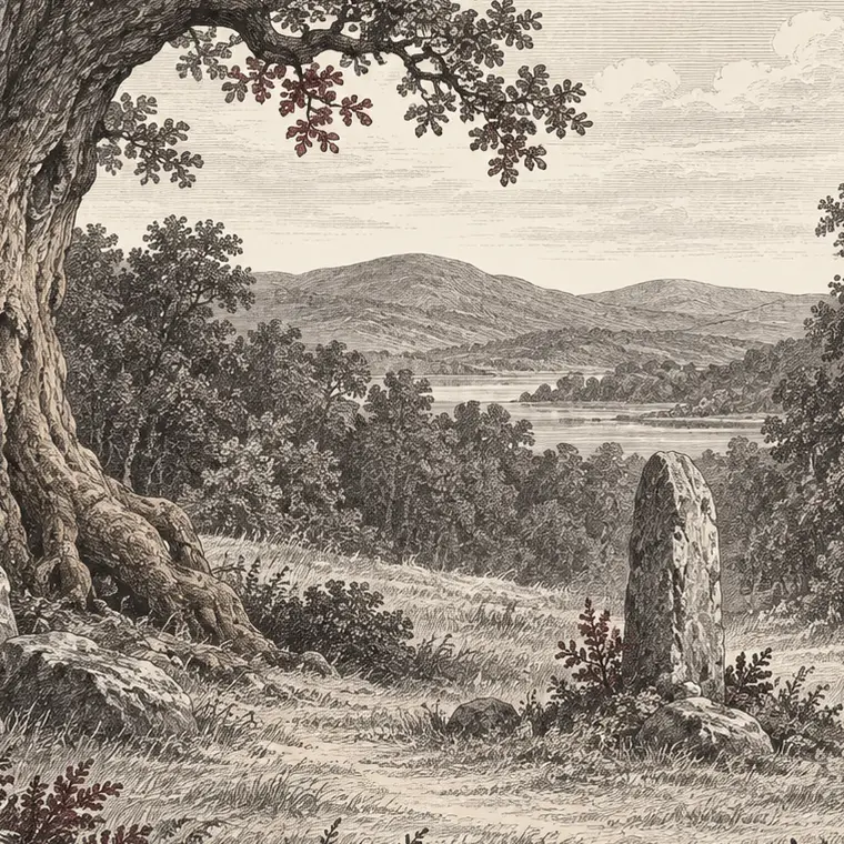 Engraved ancient oak beside a standing stone