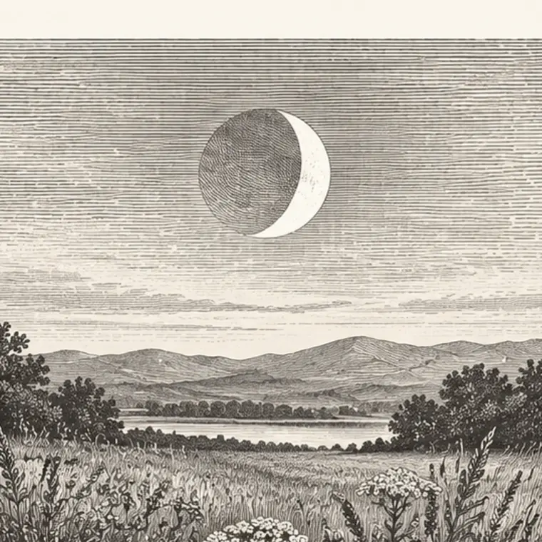 Engraved crescent moon over field and hills