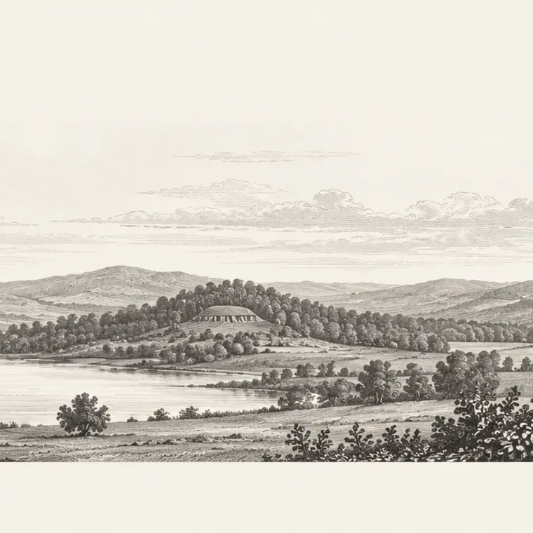 Engraved water meadow and distant wooded hills