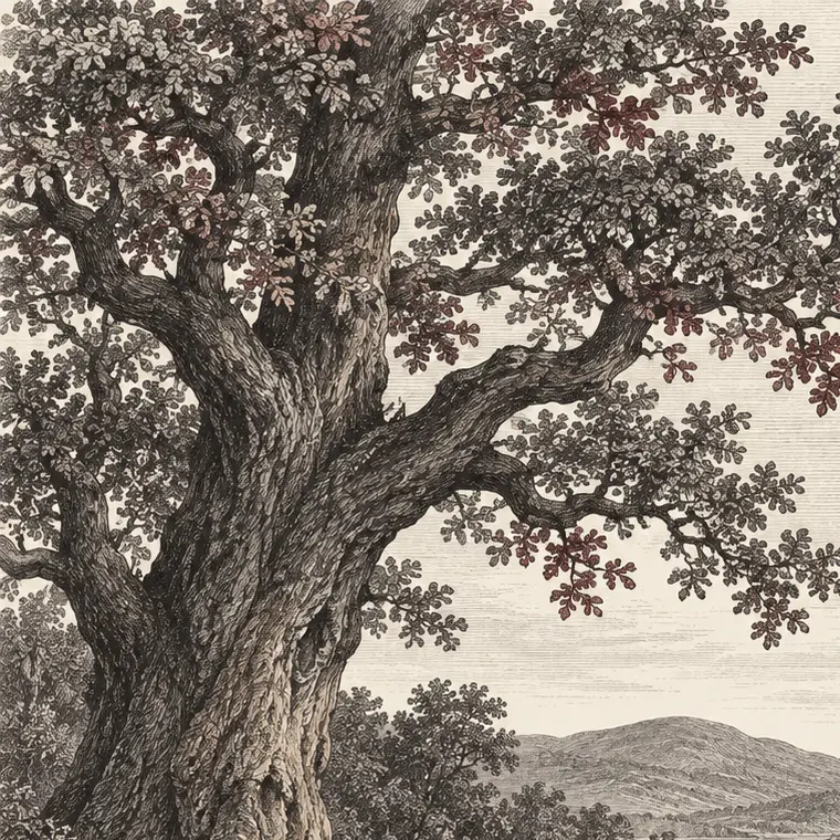 Engraved oak, stones, and open country