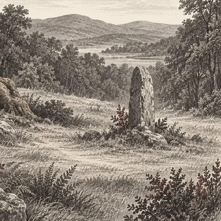 Engraved standing stone under an old oak