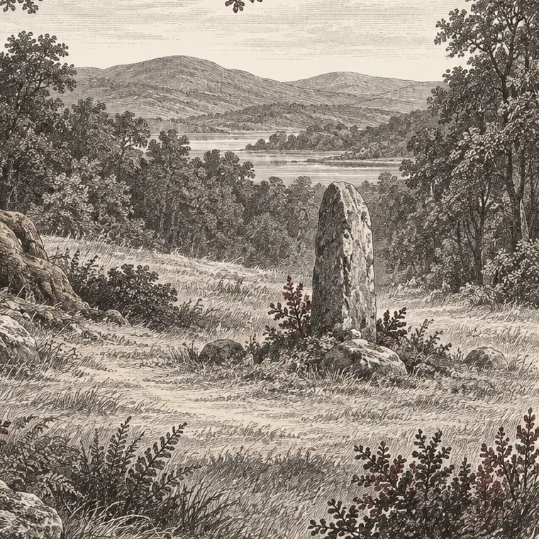 Engraved standing stone beneath an ancient oak