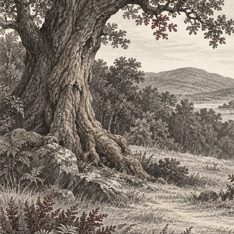 Engraved oak trunk rooted among stones