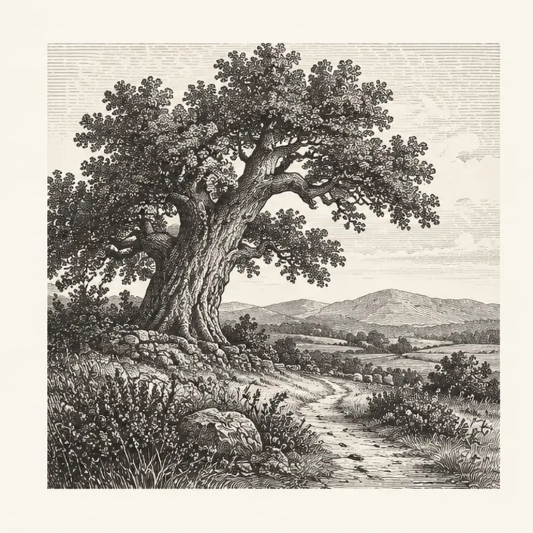 Engraved old oak beside a country path