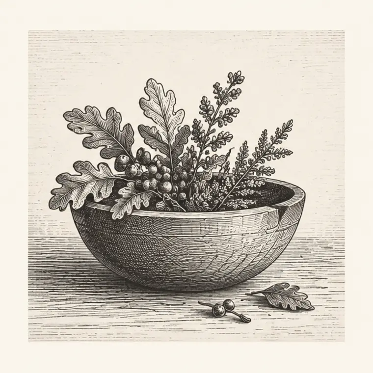 Engraved wooden offering bowl with oak and heath