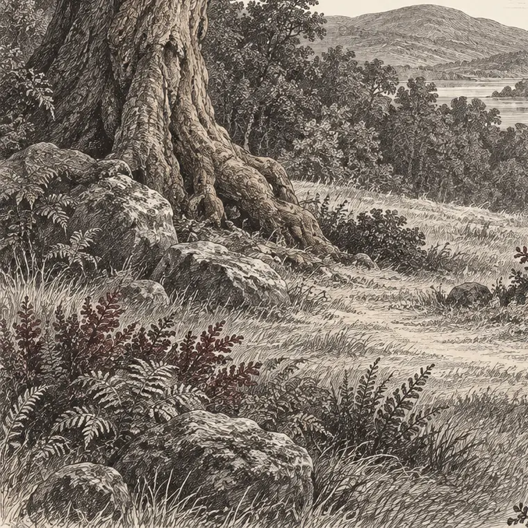 Engraved roots, stones, and woodland plants