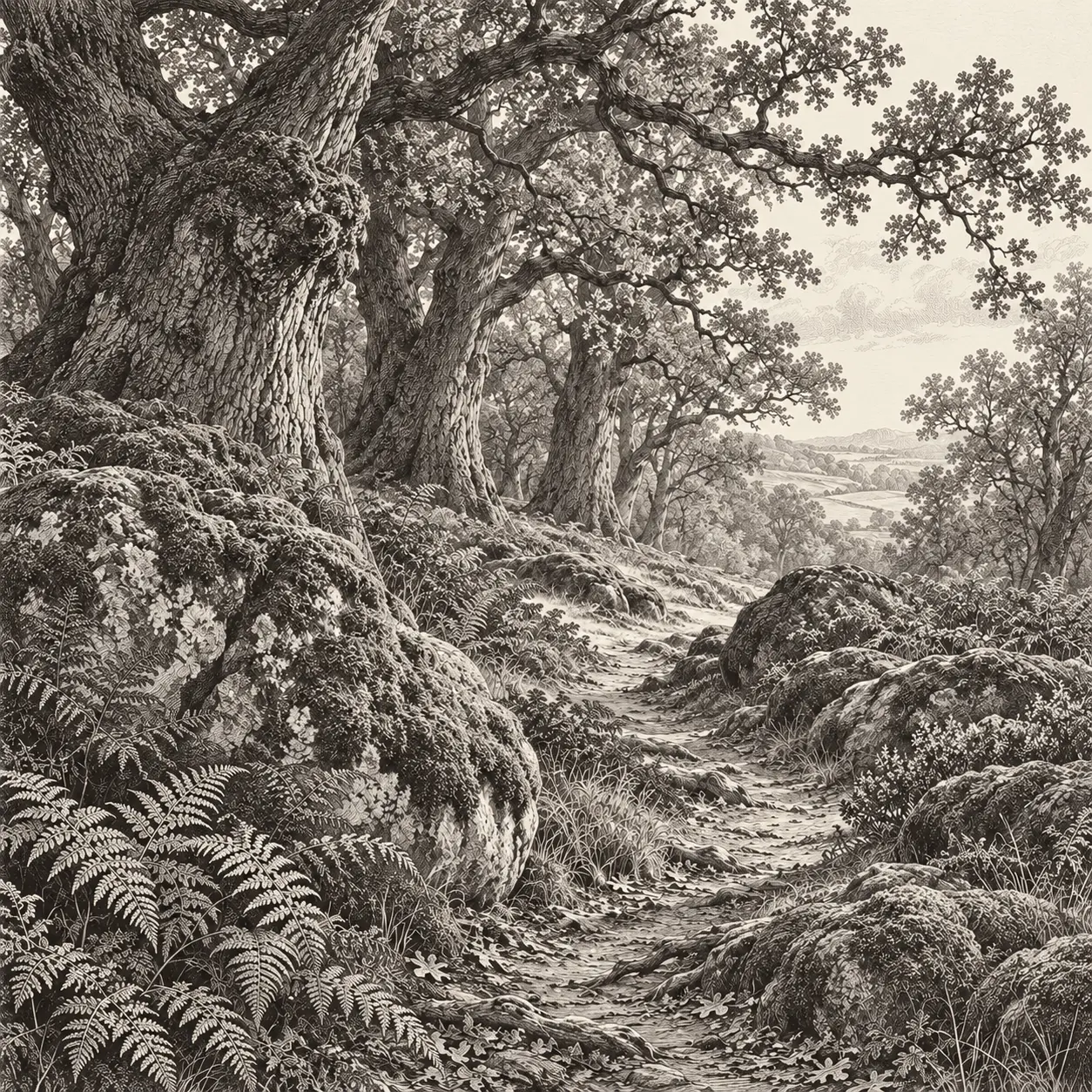 A narrow path entering an oak grove between moss-covered stones