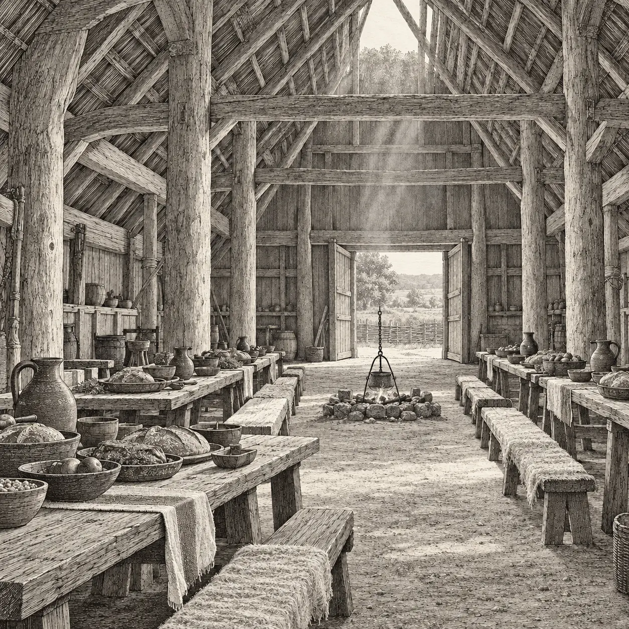 An early Anglo-Saxon timber meadhall with tables and benches prepared for a feast