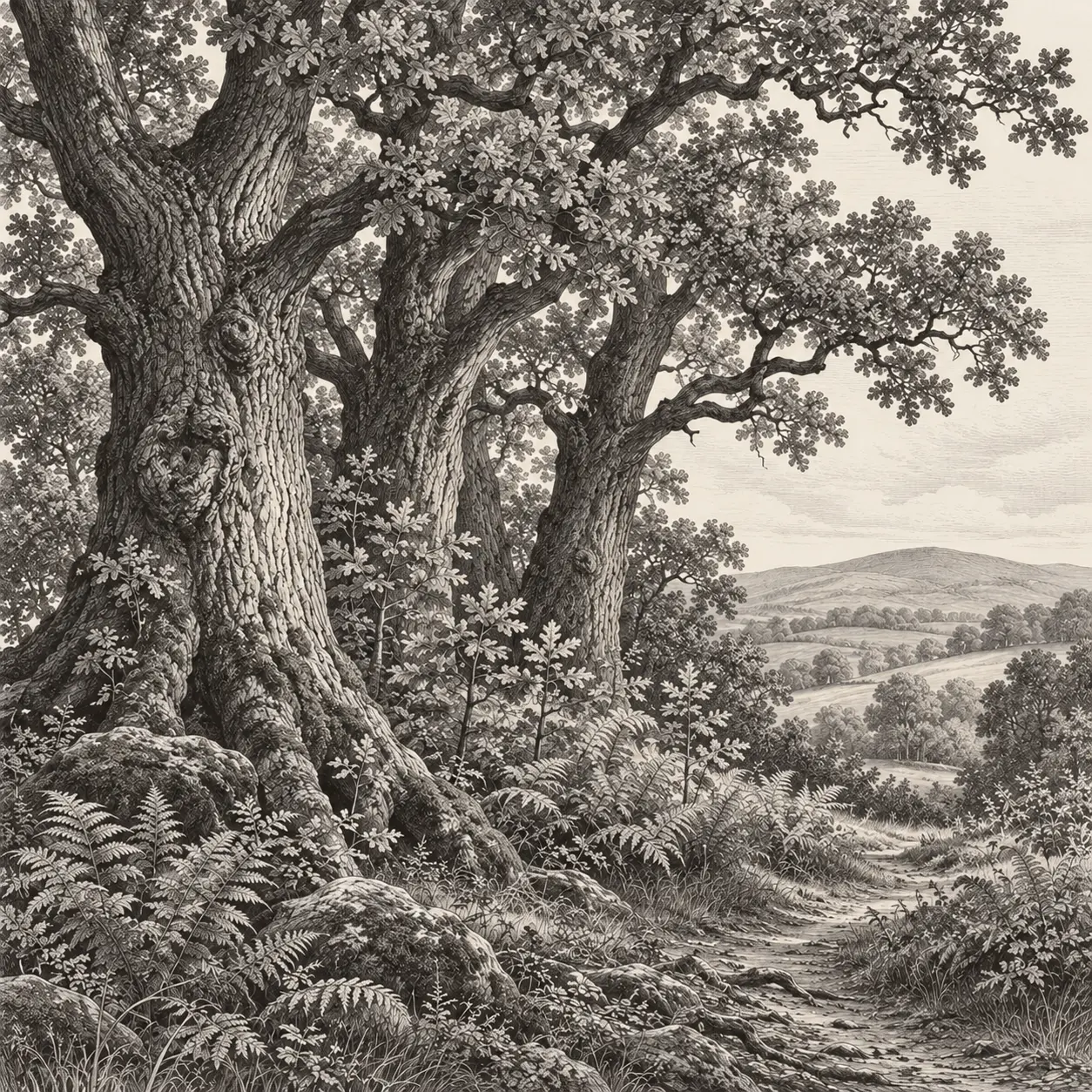 Mature oaks sheltering young saplings in a woodland glade