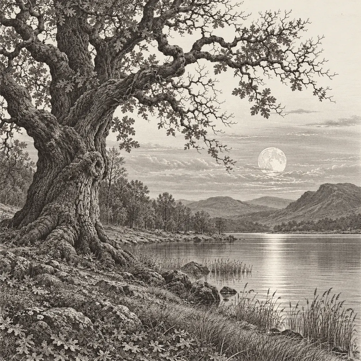 An autumn oak beside a still lake beneath the full Moon