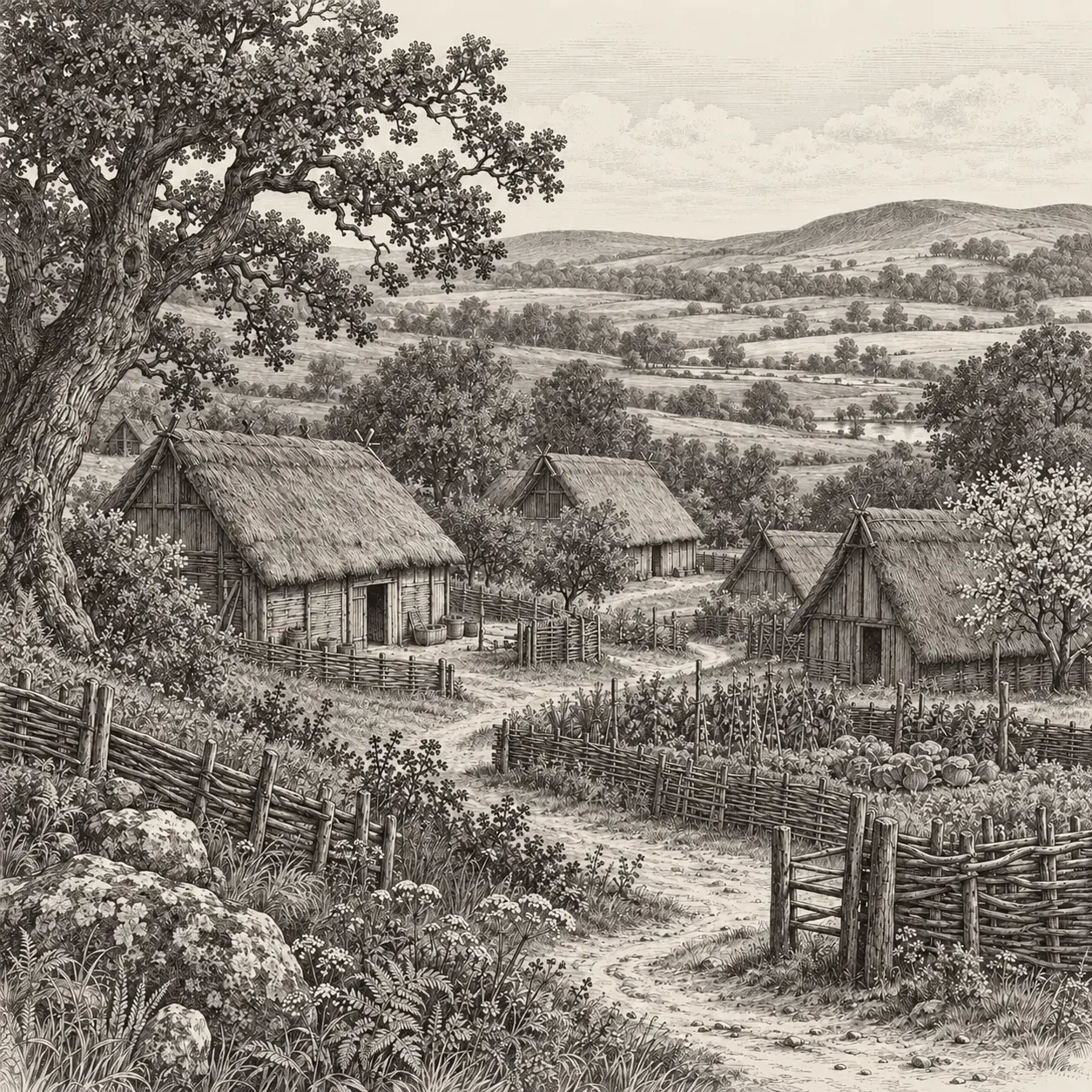 A small early Anglo-Saxon hamlet of thatched houses among gardens and fields