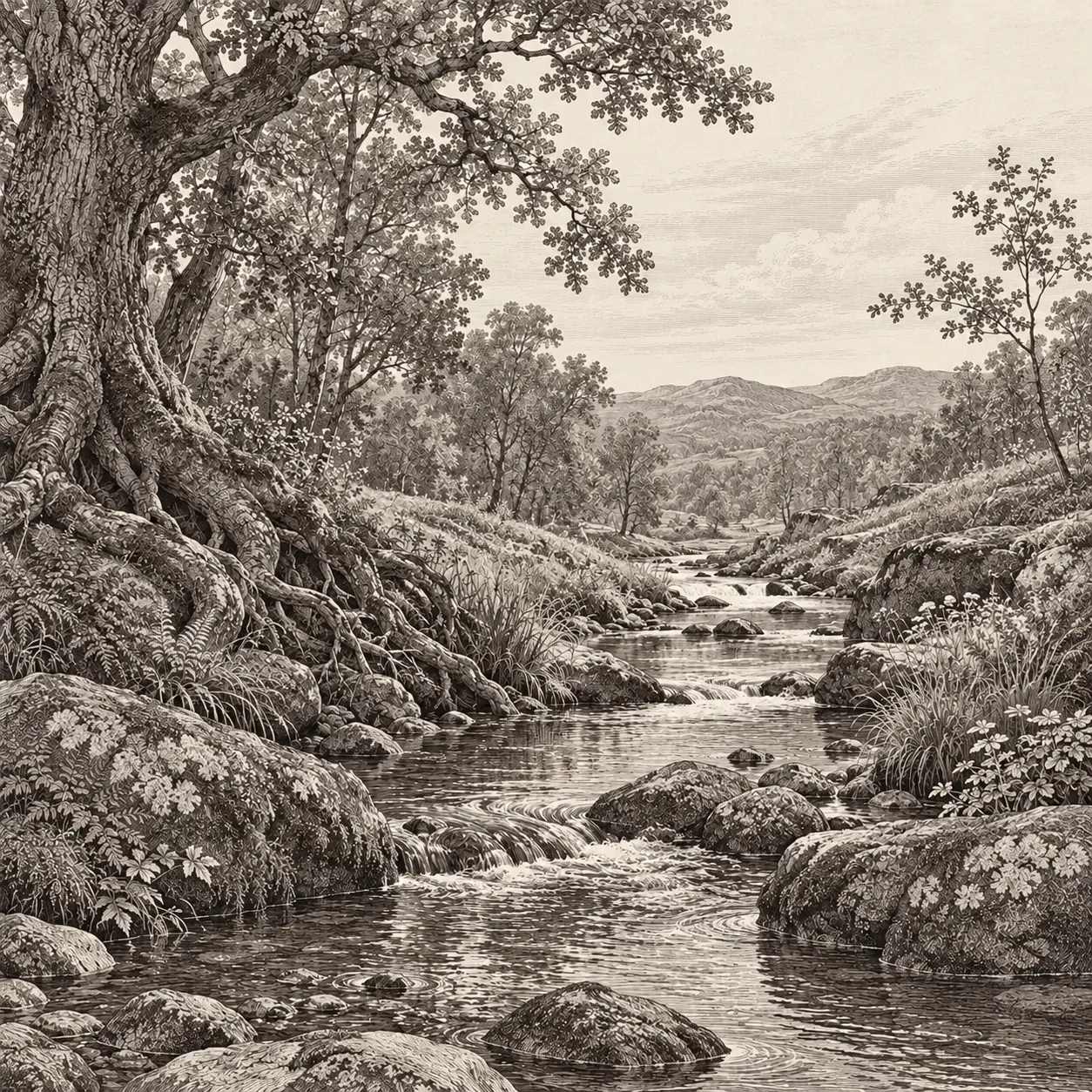A stream winding between weathered stones and the roots of old trees