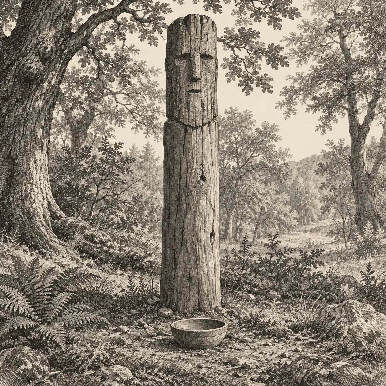 A weathered wooden god pole with a roughly hewn face beneath the oaks, with an offering bowl at its base