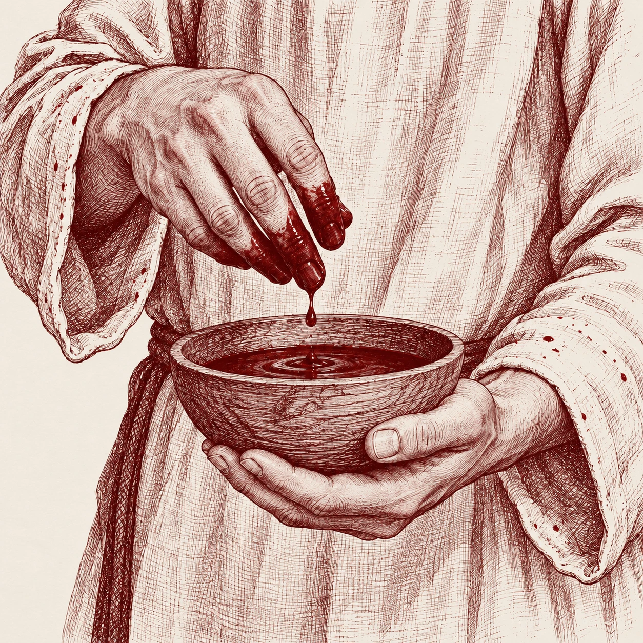 A man in a white tunic holds a wooden bowl of blood in his left hand and lifts his blood-coated right fingers from it; an oxblood engraving on ivory