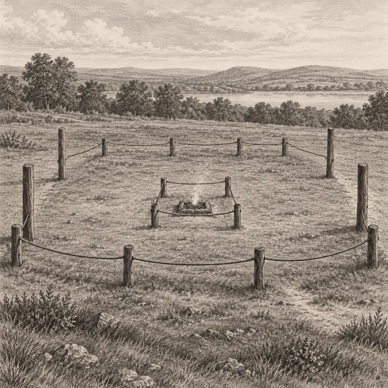 The open-air ealh with timber posts and rope boundaries surrounding its central fire