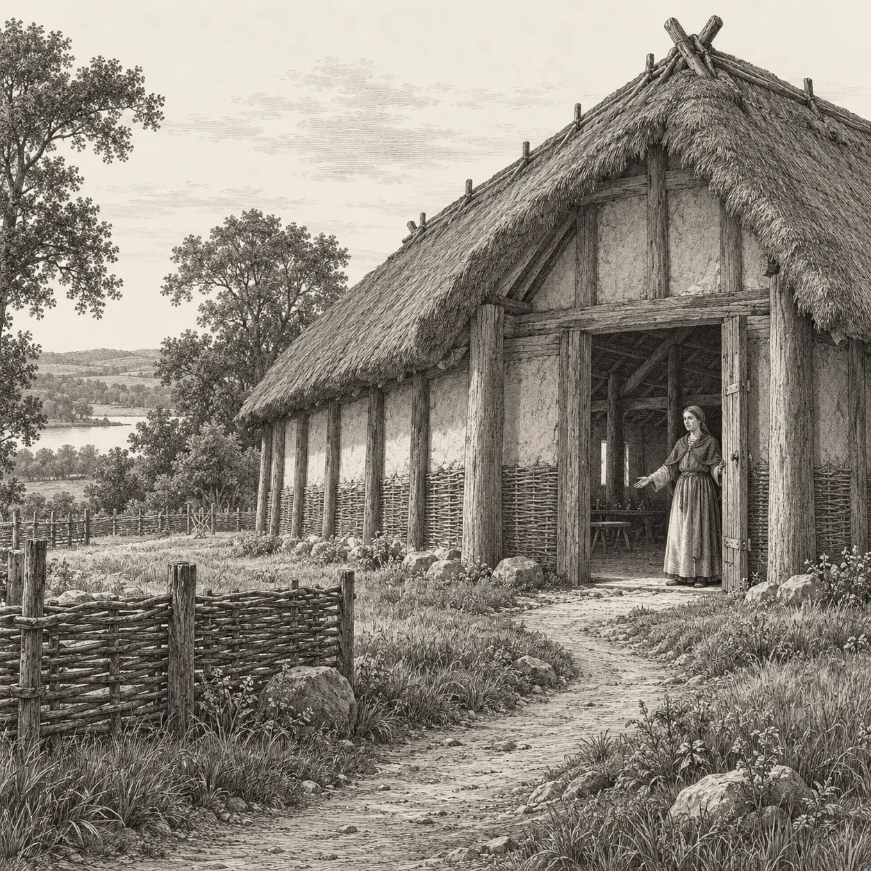 A person welcoming visitors at the open doorway of a timber hall
