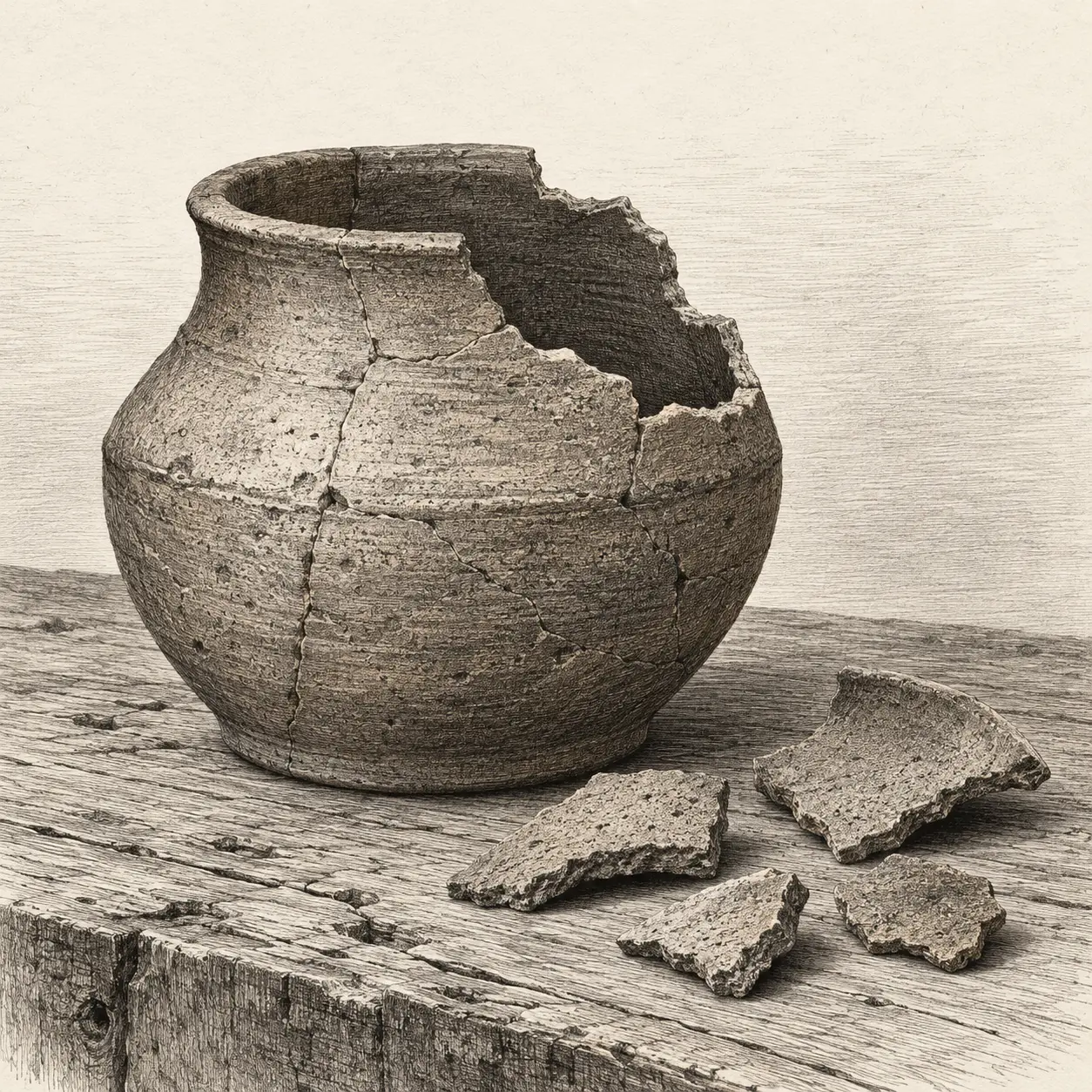 A partly reconstructed earthenware vessel with missing pieces and pottery fragments beside it