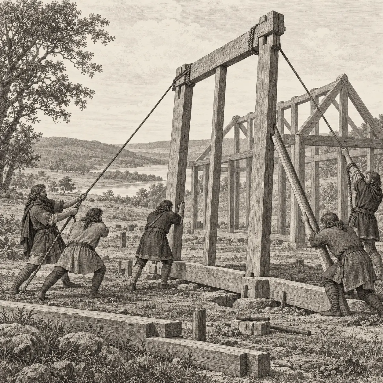 People working together with ropes and wooden props to raise the frame of a hall