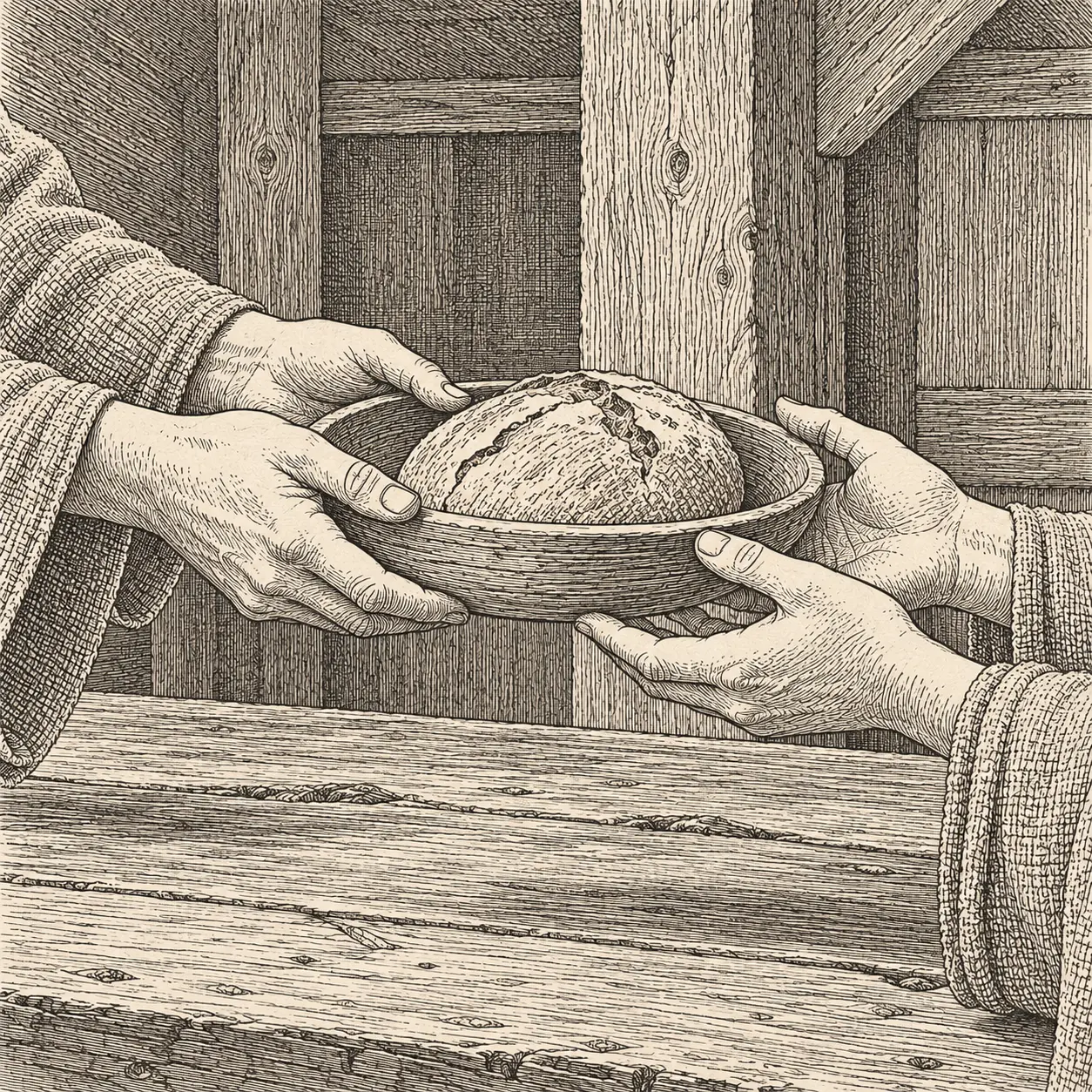 Hands passing a wooden bowl containing bread across a timber table