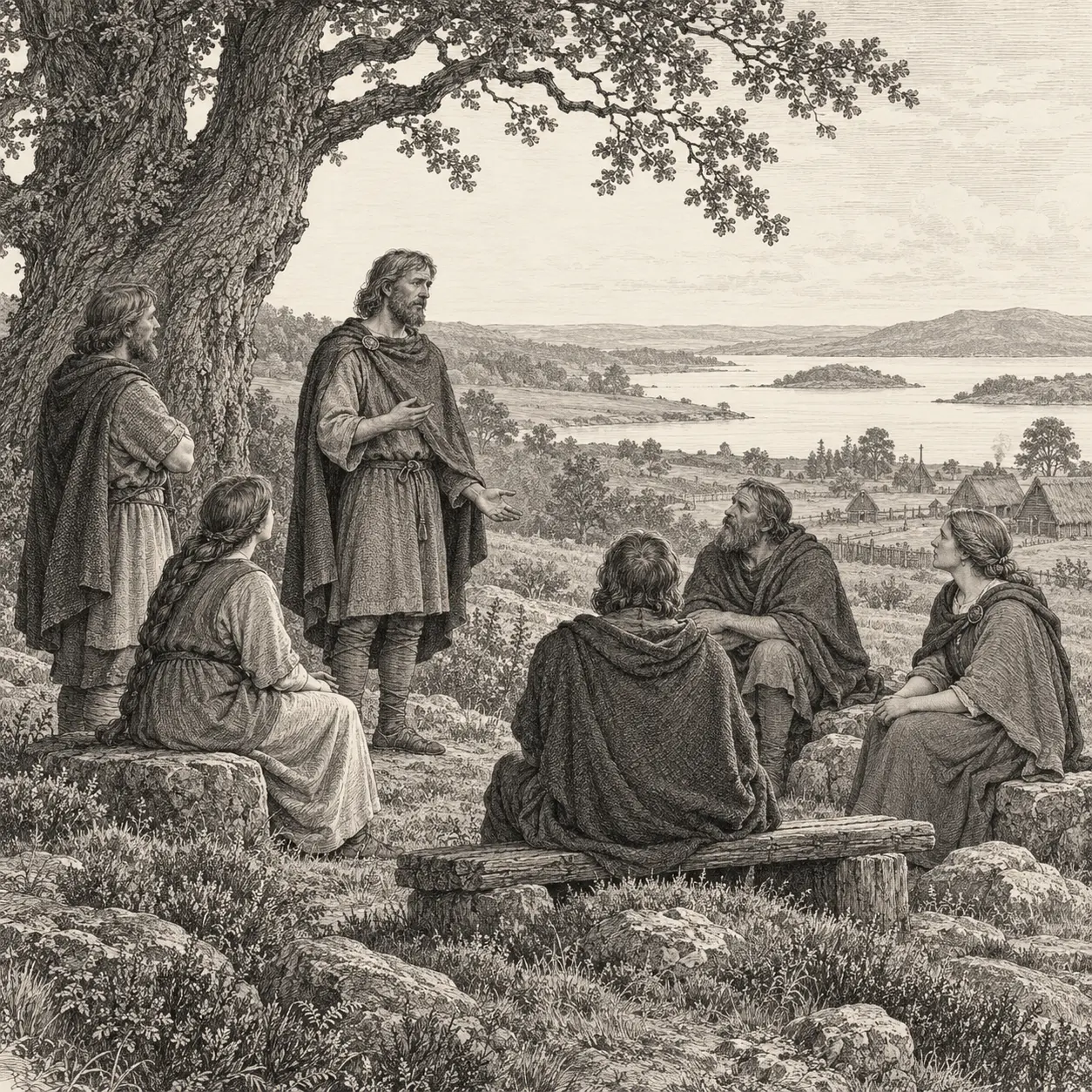 A small gathering listening to a speaker beneath an old tree