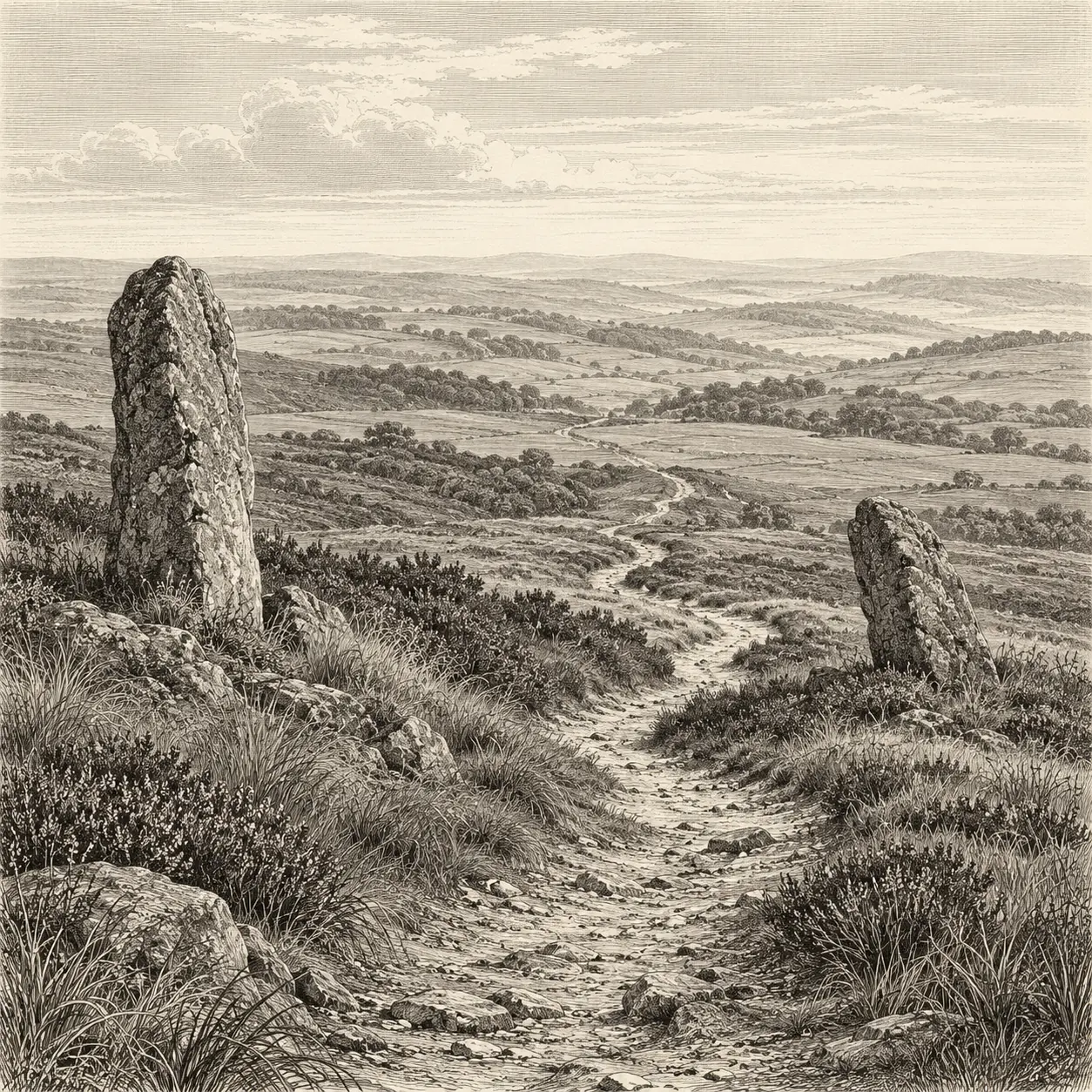 An ancient footpath winding between weathered stones and through low hills