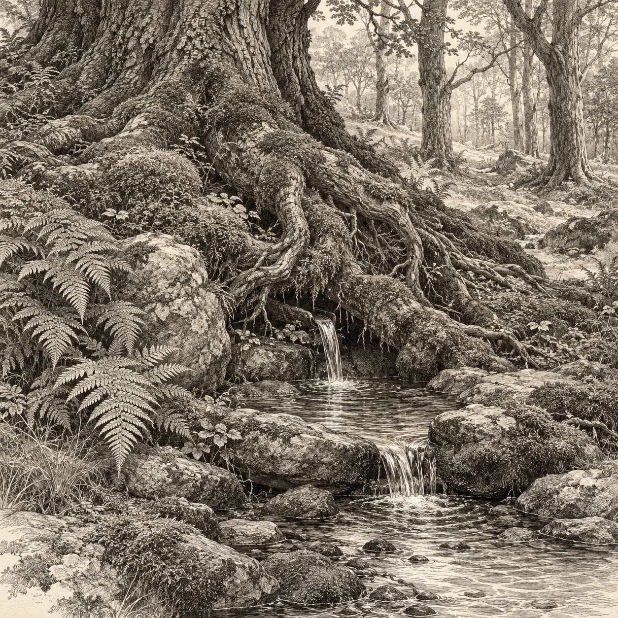 A woodland spring flowing beneath old tree roots among stones and ferns