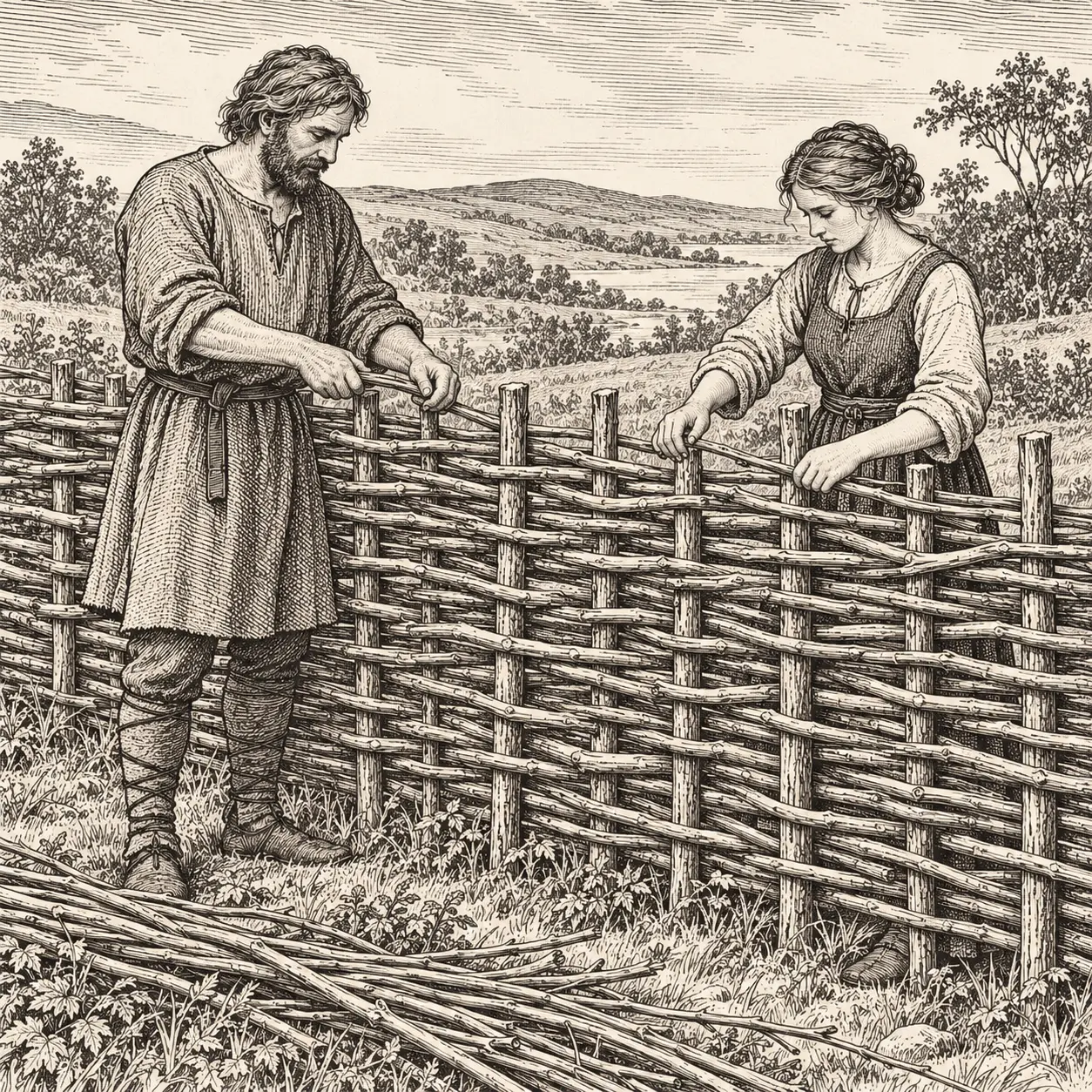 Two people weaving a waist-high wattle hurdle together in a rural landscape