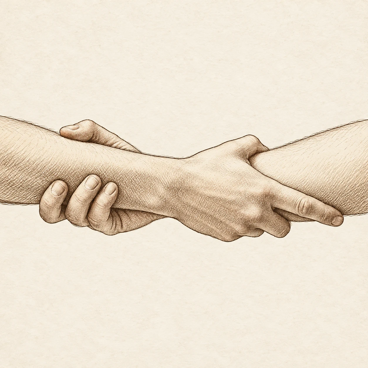 Two hands grasping each other’s wrists in a gesture of mutual recognition, drawn as a wood engraving