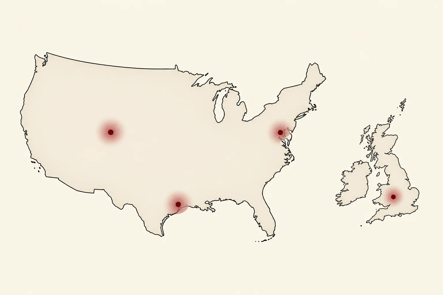 Map showing Fyrnsegen centres of practice in the United States and England