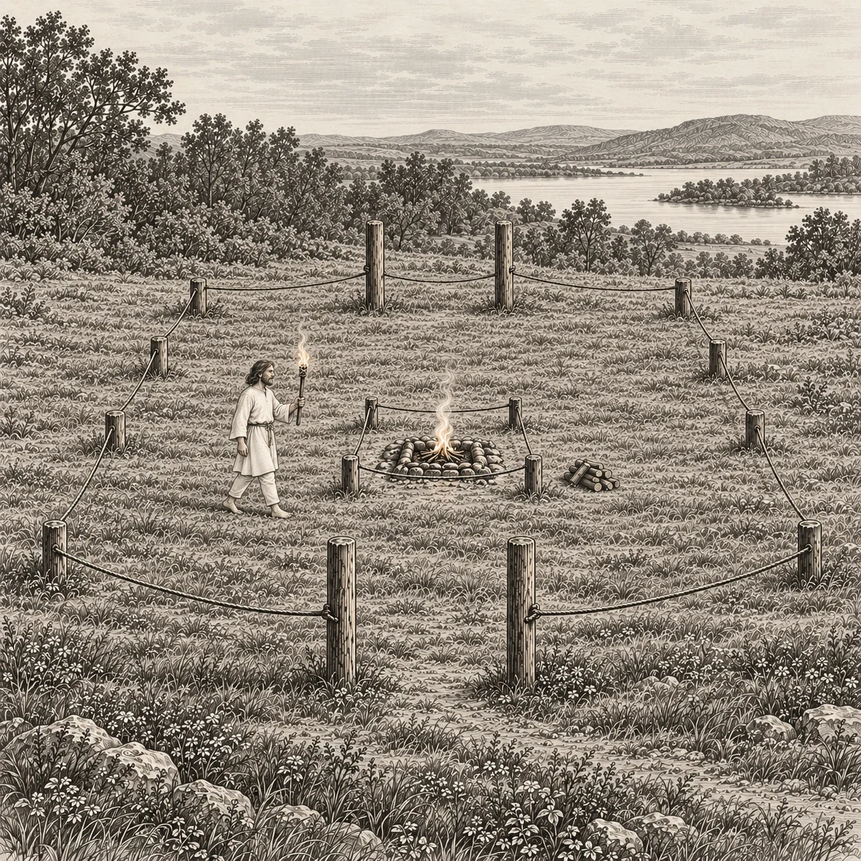 A barefoot priest in white carrying a cén within the Ealh, bounded by twelve posts, with four inner posts surrounding the central hearth.