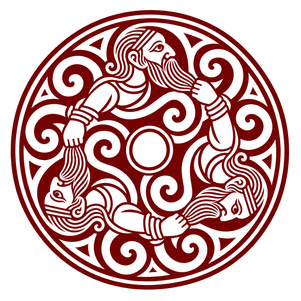 Oxblood circular knotwork of three bearded brothers, each holding another’s beard, on parchment.