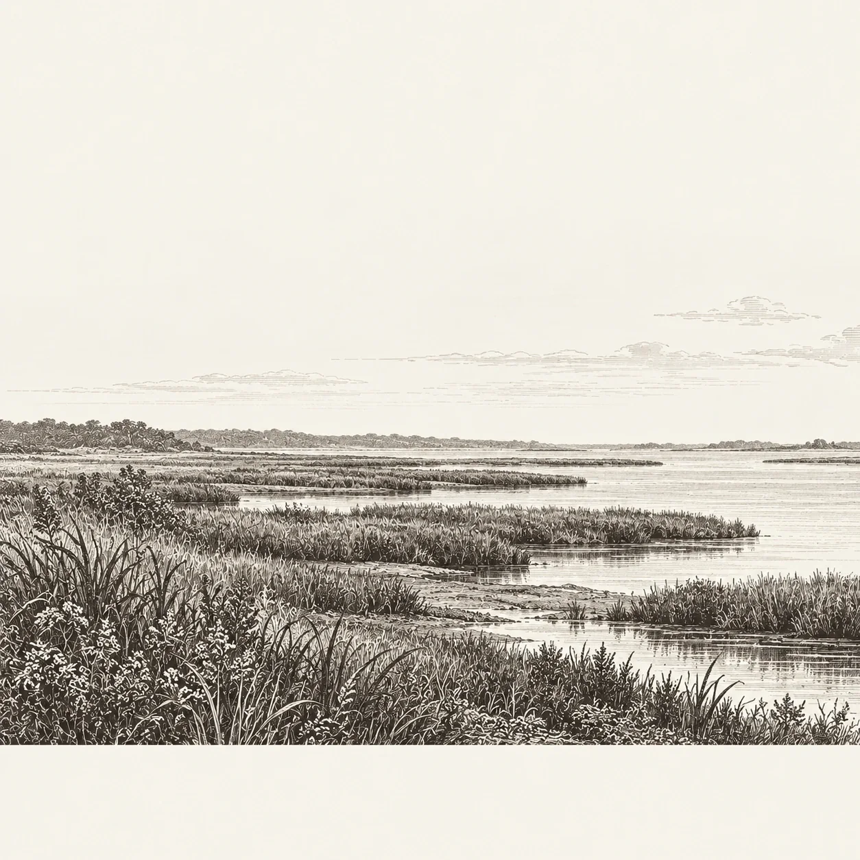 Engraved Chesapeake marshland with sedges, reeds, and winding tidal channels