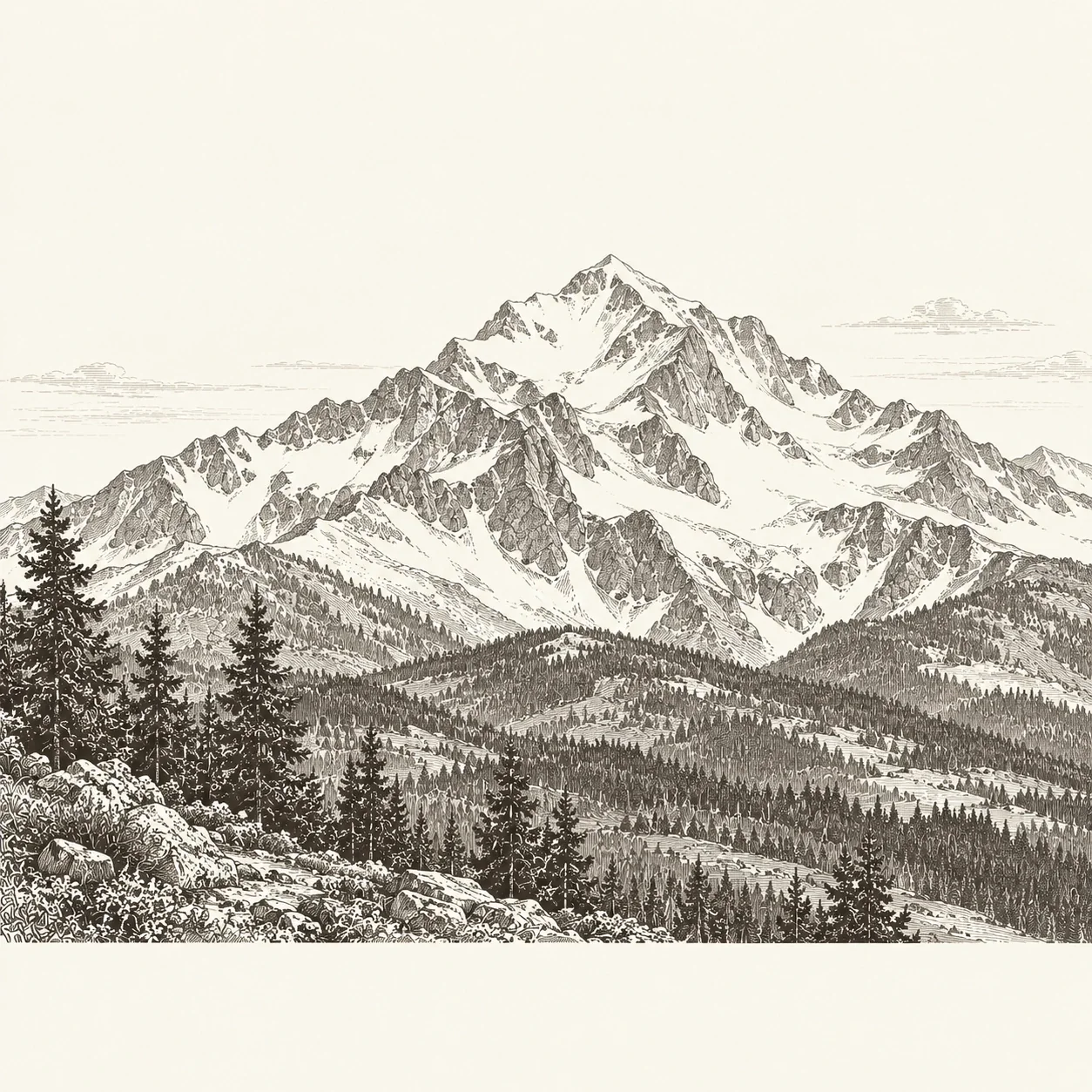 Engraved snow-covered Colorado mountain rising above pine-covered foothills