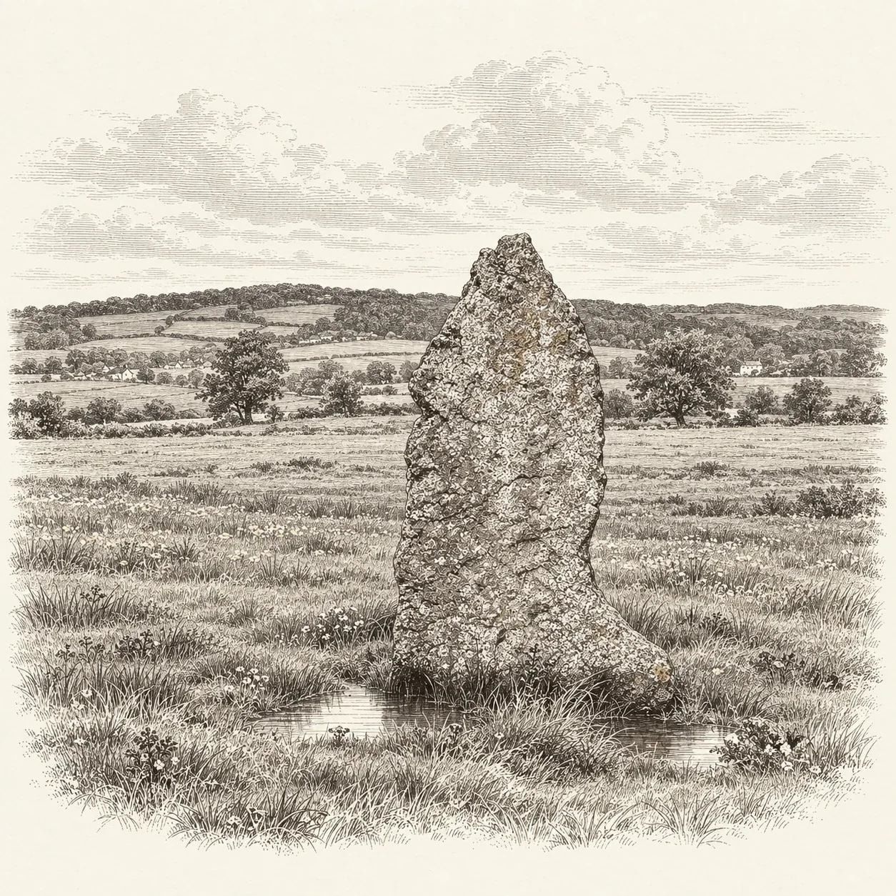 Engraving after a photograph of a weathered standing stone amid fields and low wooded hills