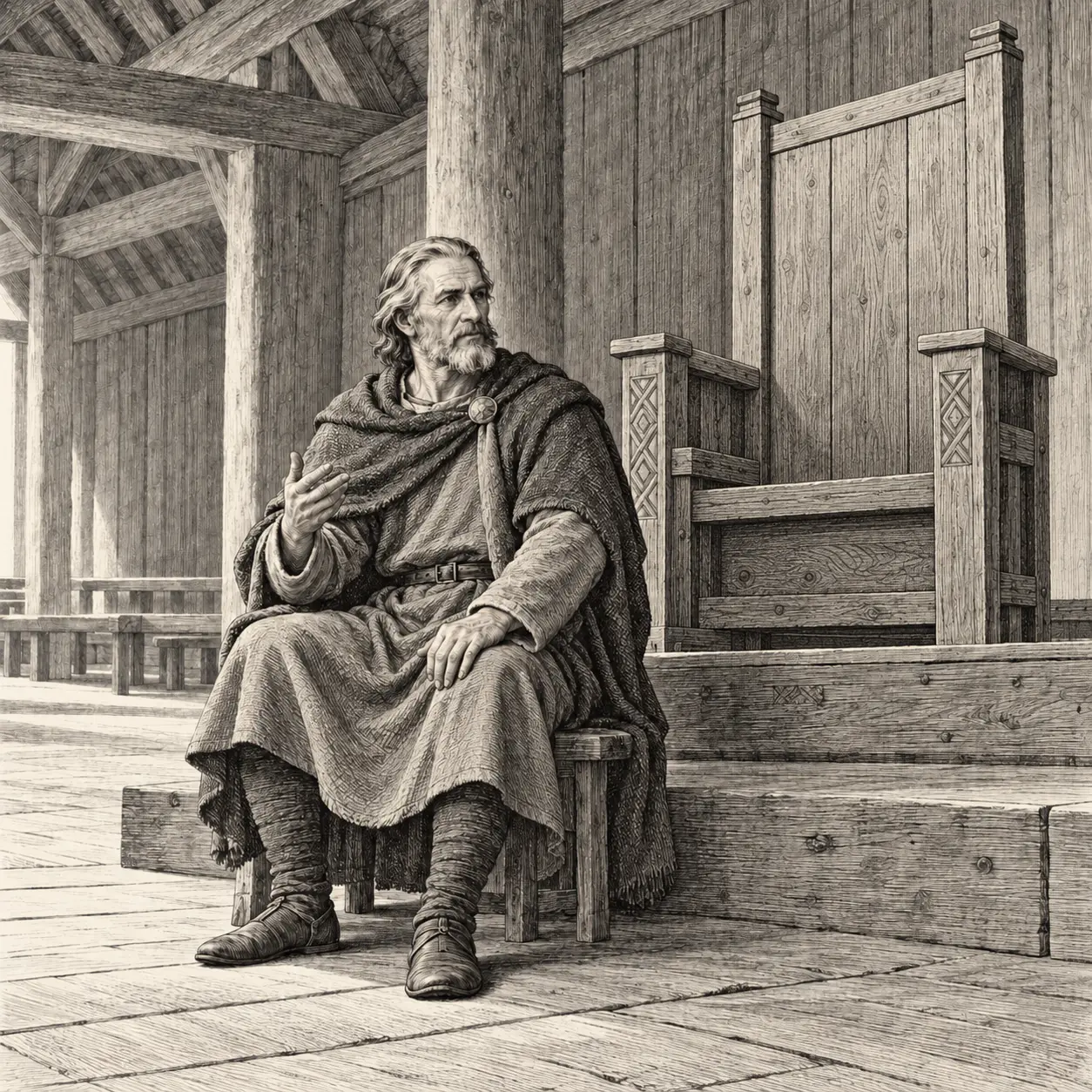 The þyle speaking from a low stool at the foot of an empty wooden high seat in a timber hall